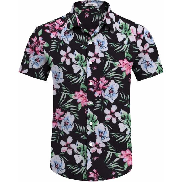 Mens Black & Pink  Hawaiian Shirts Short Sleeve Floral Button Down Shirt - Picture 6 of 7